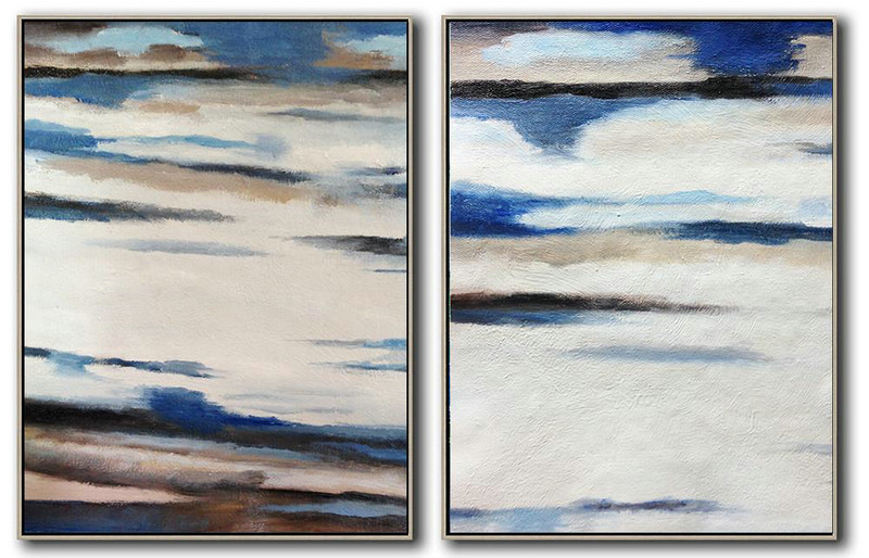 Large Contemporary Art Acrylic Painting,Set Of 2 Abstract Painting On Canvas,Modern Paintings On Canvas,White,Blue,Brown.etc